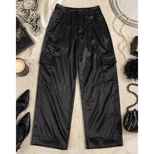 Old Navy Satin Cargo Pants Size 6 Black High Rise Wide Leg Street Style NWT
